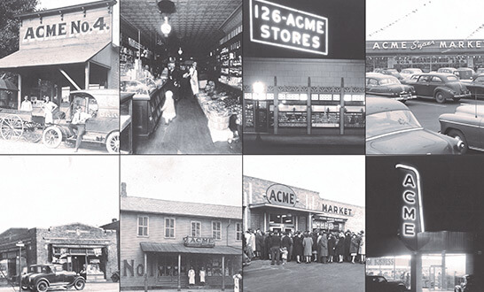 collage of historic black and white photos of several small stores