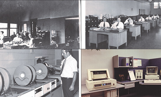 collage of four historic black and white photos of typical offices