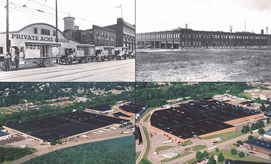 collage of four historic black and white photos showing exterior and aerial views of commercial warehouses