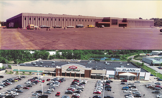 historic photo of commercial building in the 1970's along with a modern day photo of Acme store front