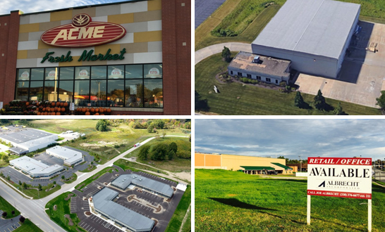 collage showing four photos to represent retail, commercial, office and land offerings